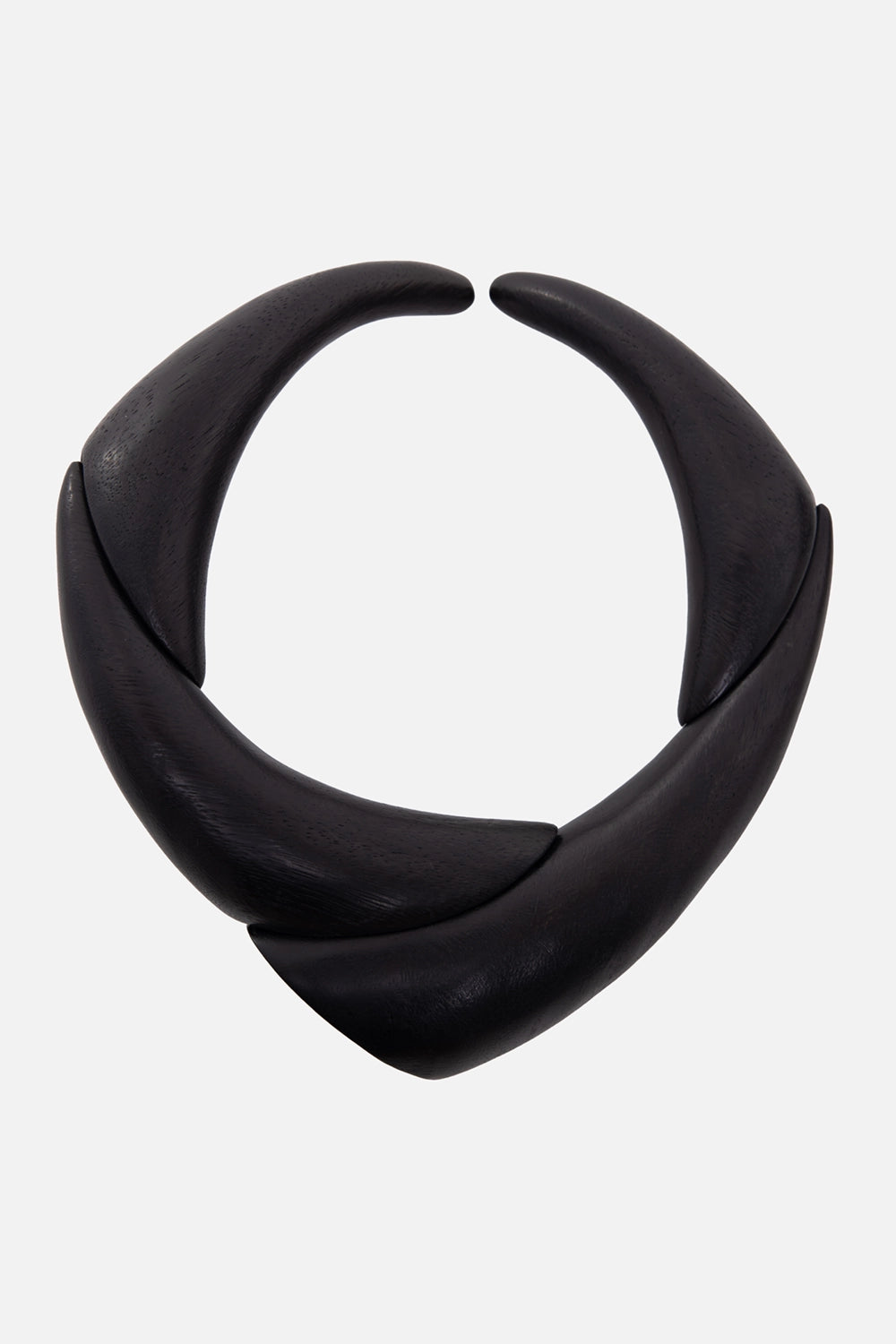 Monies women's Zawa necklace in black, front view with twisted acacia collar and curved open ends