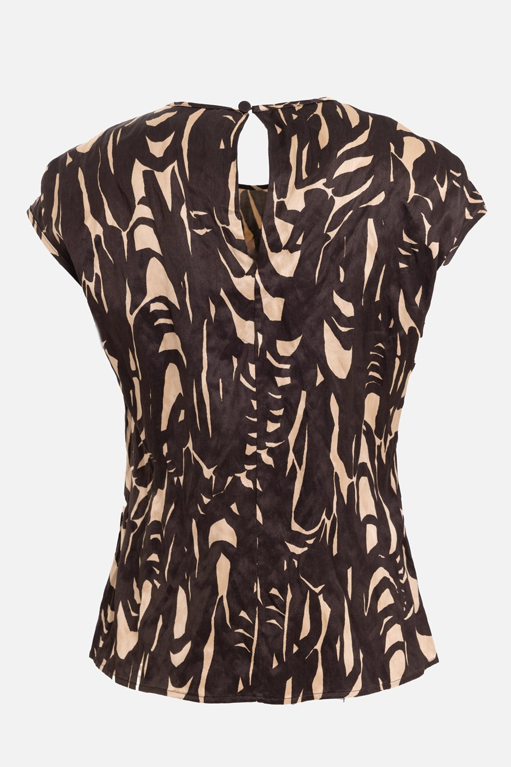 JOSEPH women's printed crinkle top in cocoa/powder, back view with keyhole closure and covered button