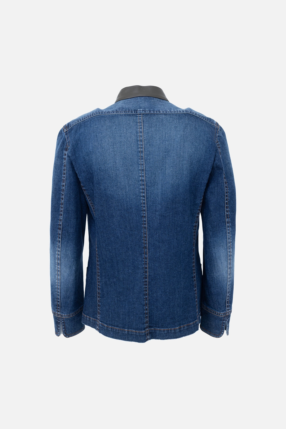 Pre-owned Tae Ashida zip-front jacket in multicolor, back view, denim panel and stand collar