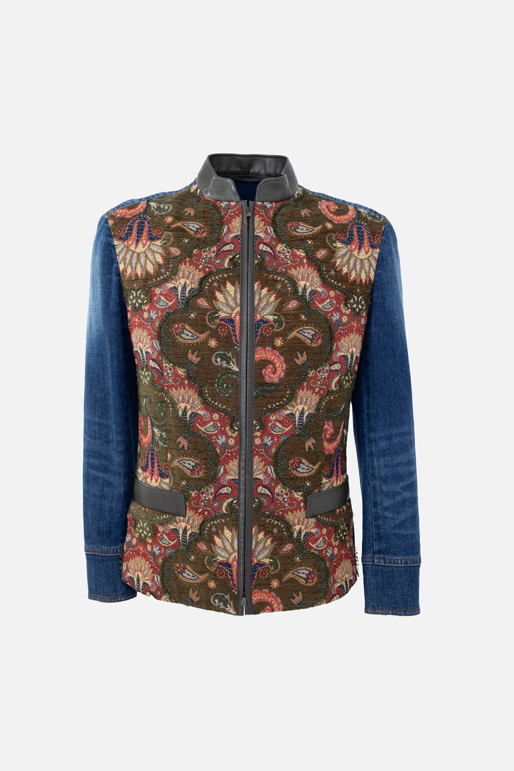 Pre-owned Tae Ashida zip-front jacket in multicolor, front view, jacquard body with denim sleeves