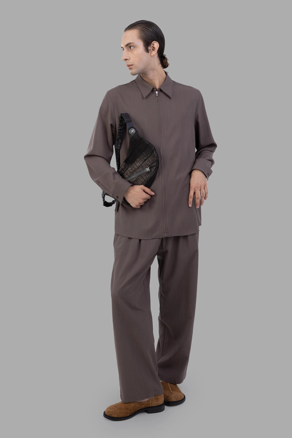 Attachment zip shirt in taupe grey, on-model full length, relaxed drape and pointed collar