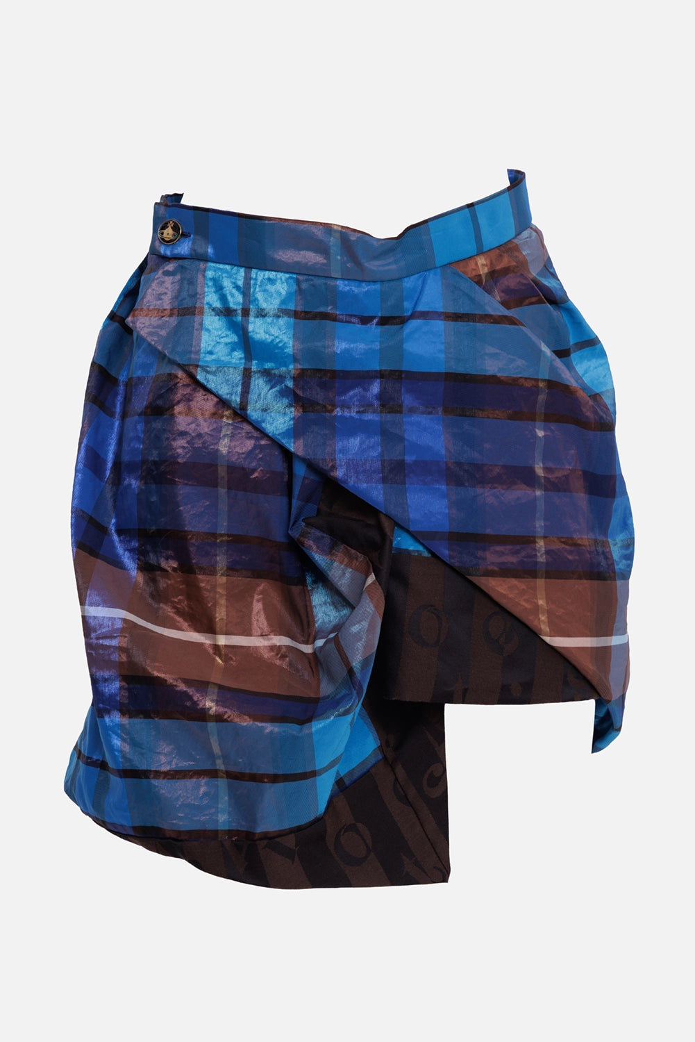 Vivienne Westwood women's mini skirt in blue/brown tartan, front view with Orb button and layered drape